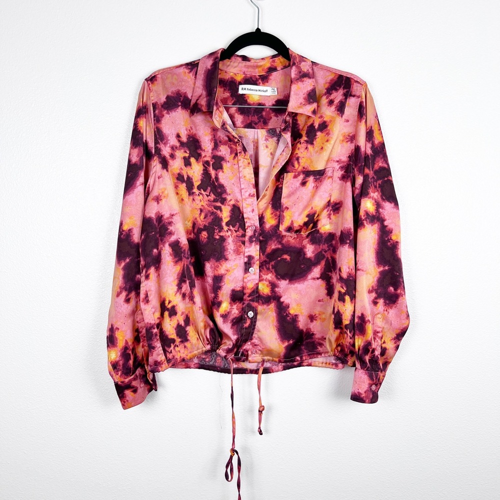 Rebecca Minkoff Womens Tie Dye Long Sleeve Button Up Blouse Pink Orange PXL
